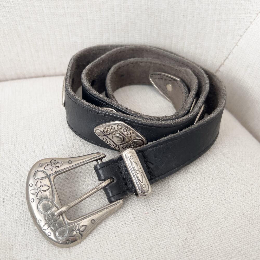 Vintage Black Leather Belt with Silver Floral Buckle
